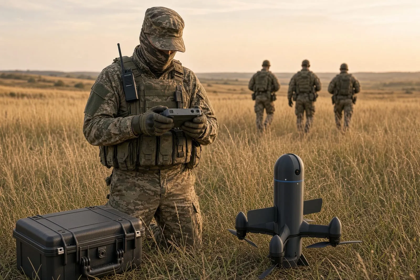 UAV pilot trainee operating a ground controller in the field